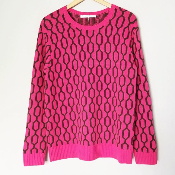 Trina Turk Merino Wool Pink Brown Geometric Honeycomb Crewneck Sweater Size M - Picture 1 of 14